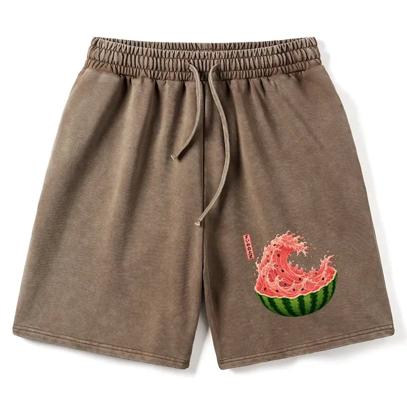 Kyoto-Lion Watermelon Wave Summer Ukiyo Art Washed Shorts