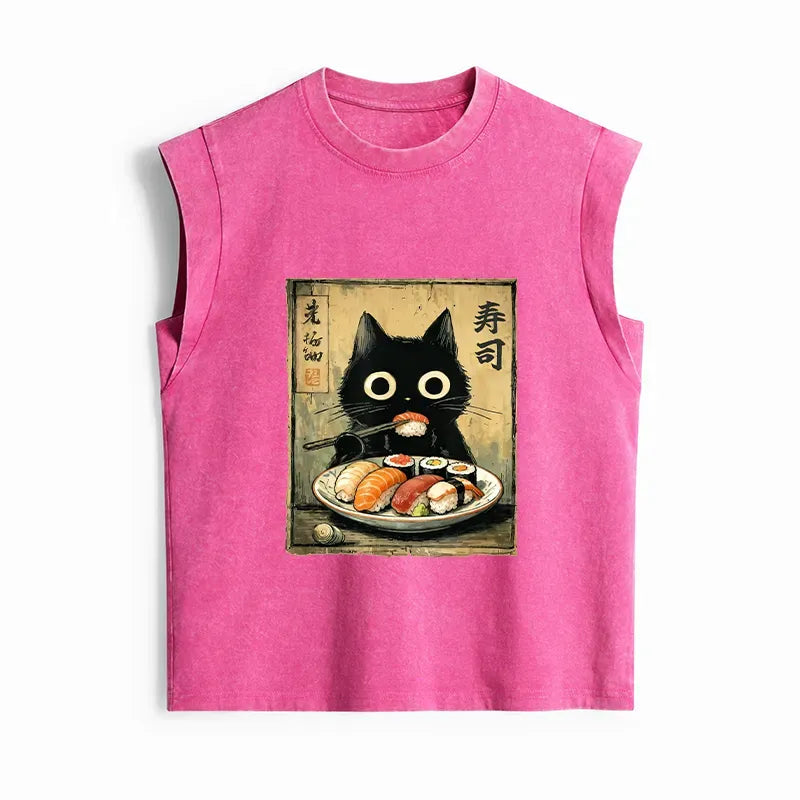 Kyoto-Lion Vintage Japanese Sushi Cat Women's Washed Tank Tops