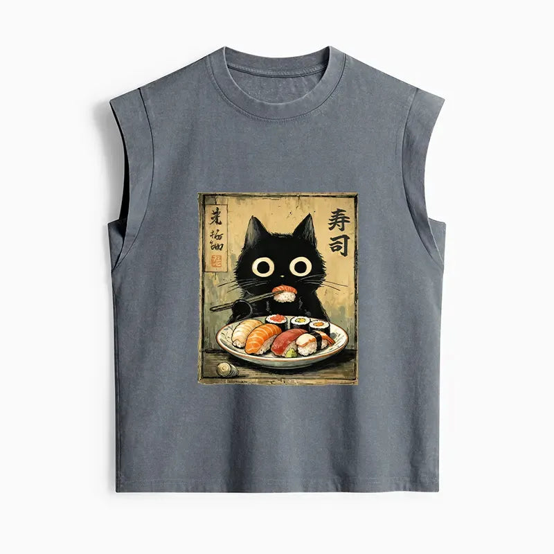 Kyoto-Lion Vintage Japanese Sushi Cat Women's Washed Tank Tops