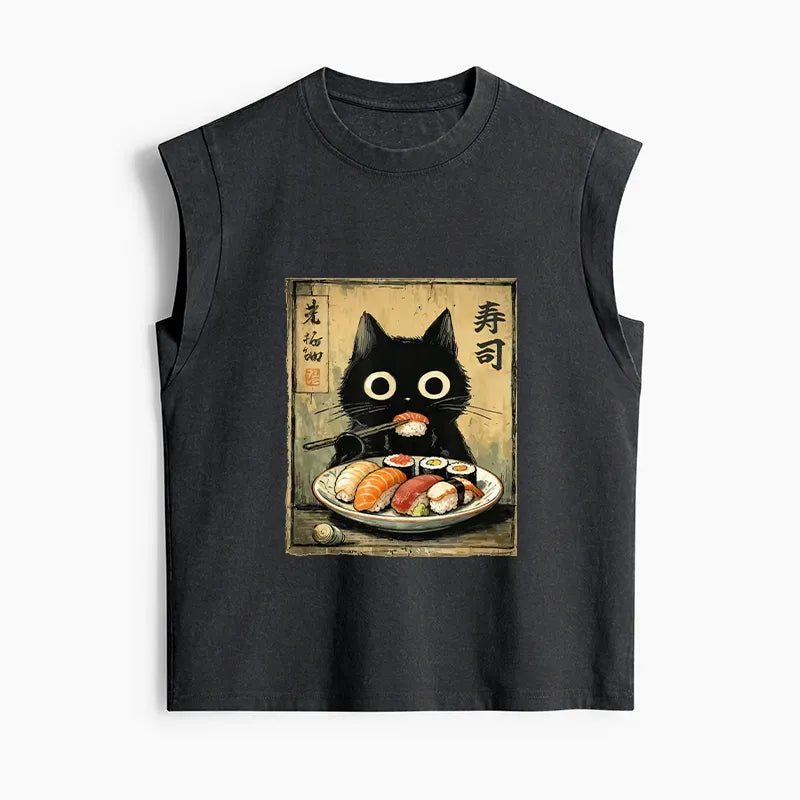 Kyoto-Lion Vintage Japanese Sushi Cat Women's Washed Tank Tops