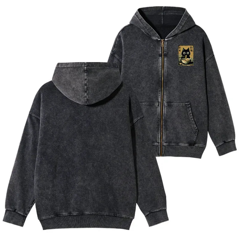 Kyoto-Lion Cute Black Cat Eating Ramen Japan Washed Zip Hoodie