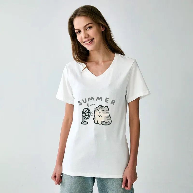 Japanese Cat V-Neck T-Shirt for Summer