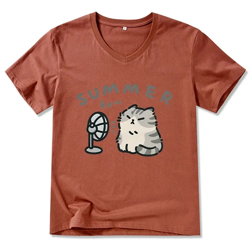 Japanese Cat V-Neck T-Shirt for Summer