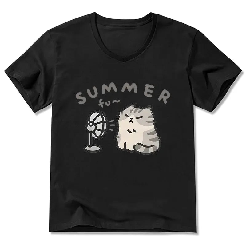 Kyoto-Lion Summer Cat Chills With A Fan V-Neck Classic T-Shirt