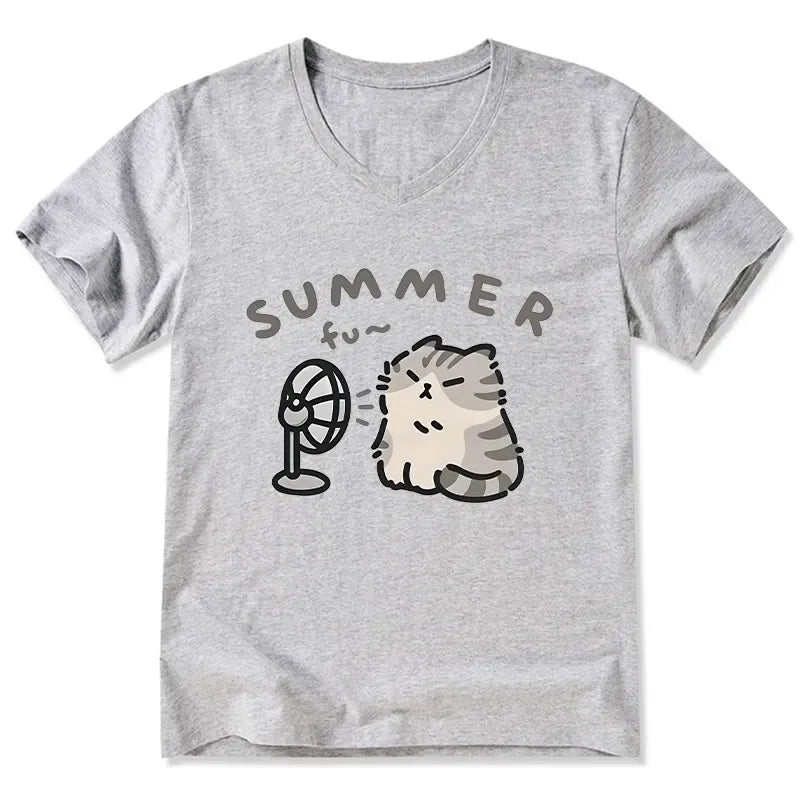 Japanese Cat V-Neck T-Shirt for Summer