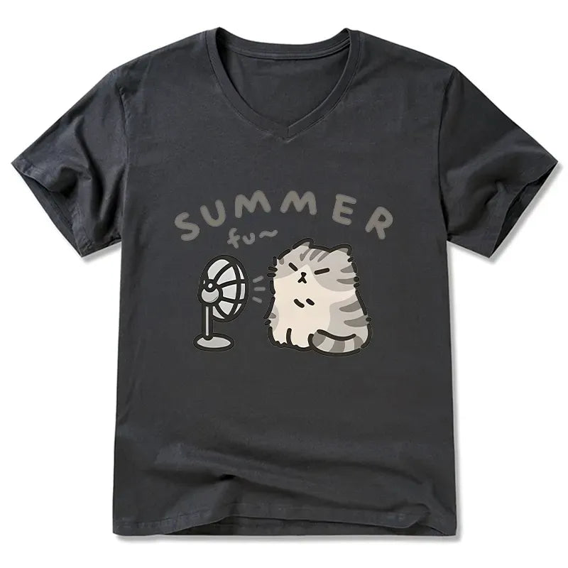 Kyoto-Lion Summer Cat Chills With A Fan V-Neck Classic T-Shirt