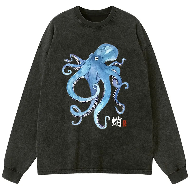 Kyoto-Lion Watercolor Blue Octopus Washed Long Sleeve T-Shirt