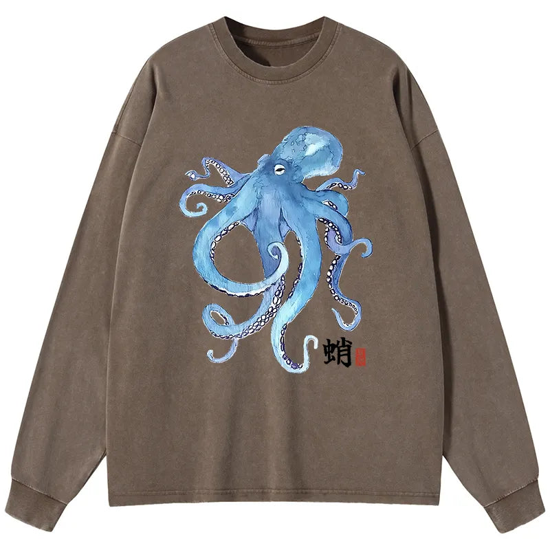 Kyoto-Lion Watercolor Blue Octopus Washed Long Sleeve T-Shirt