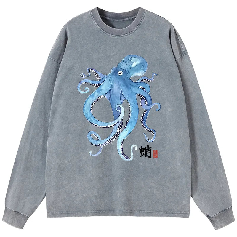 Kyoto-Lion Watercolor Blue Octopus Washed Long Sleeve T-Shirt