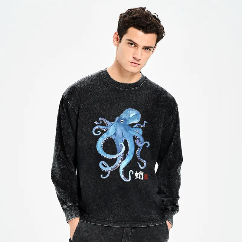 Kyoto-Lion Watercolor Blue Octopus Washed Long Sleeve T-Shirt