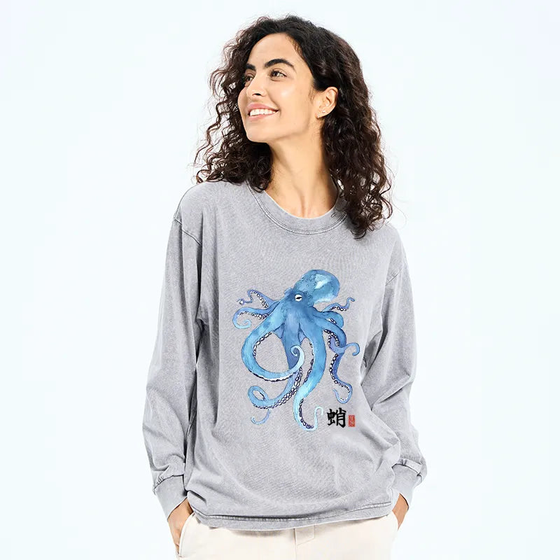 Kyoto-Lion Watercolor Blue Octopus Washed Long Sleeve T-Shirt