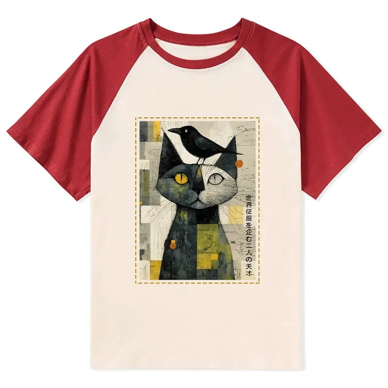Japanese Cat Crow Raglan T-shirt for Daily Wear