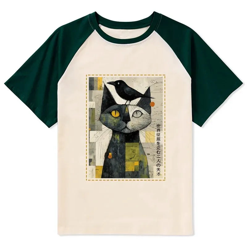 Japanese Cat Crow Raglan T-shirt for Daily Wear