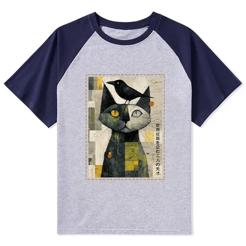 Japanese Cat Crow Raglan T-shirt for Daily Wear