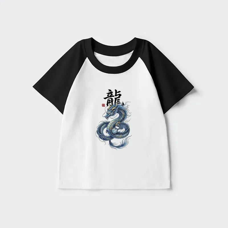 Kyoto-Lion Mythic Blue Dragon Kids Raglan T-shirt