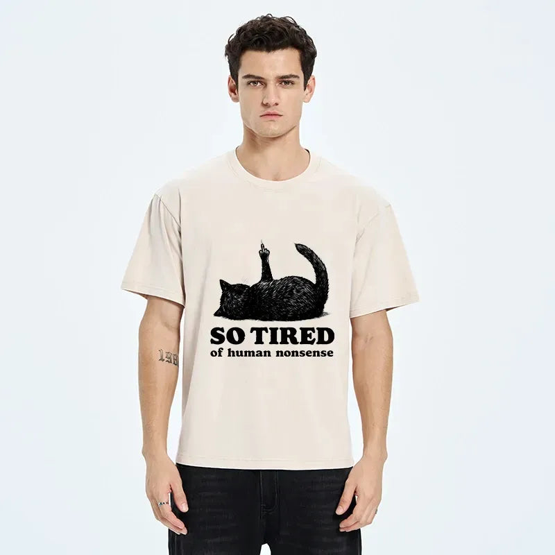 Kyoto-Lion Funny Meme Tired Black Cat Vibe Washed T-Shirt