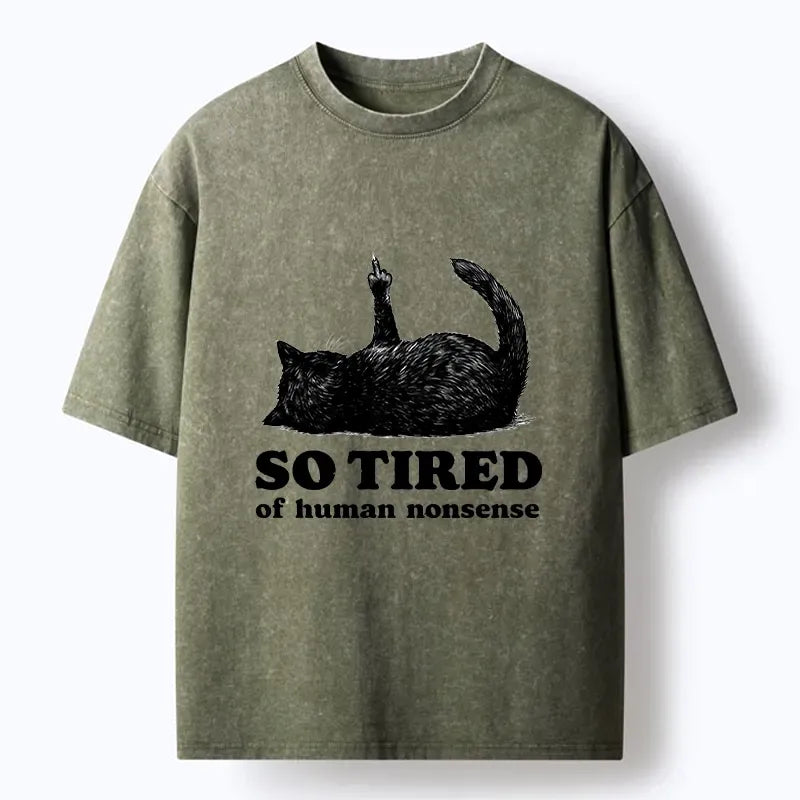 Tired Cat Meme Washed Tee for Summer