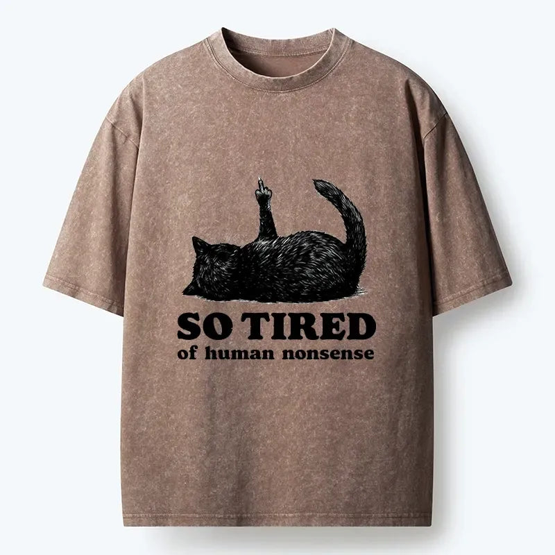 Kyoto-Lion Funny Meme Tired Black Cat Vibe Washed T-Shirt