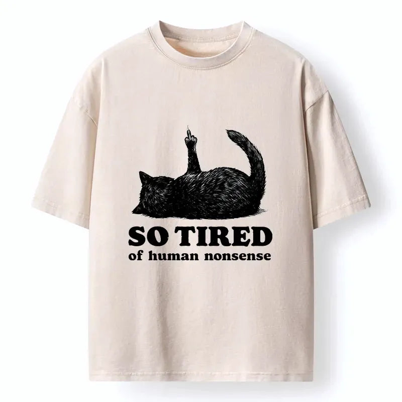 Kyoto-Lion Funny Meme Tired Black Cat Vibe Washed T-Shirt