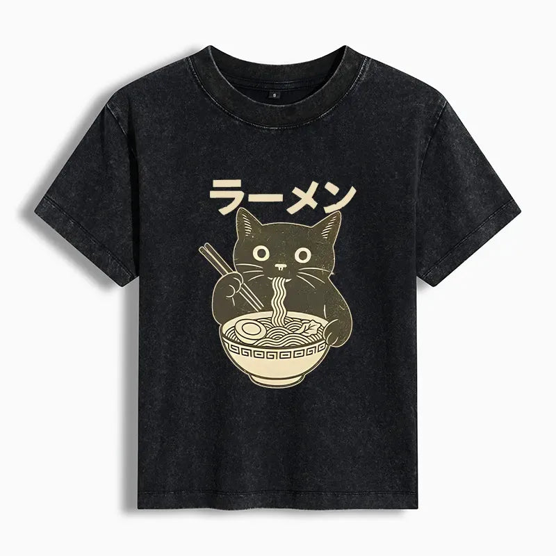 Kyoto-Lion Simple Black Cat Eating Ramen Women's Washed T-shirt