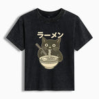 Kyoto-Lion Simple Black Cat Eating Ramen Women's Washed T-shirt