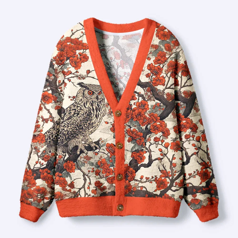 Kyoto-Lion Owl And Plum Blossom Ugly Cardigan Sweater