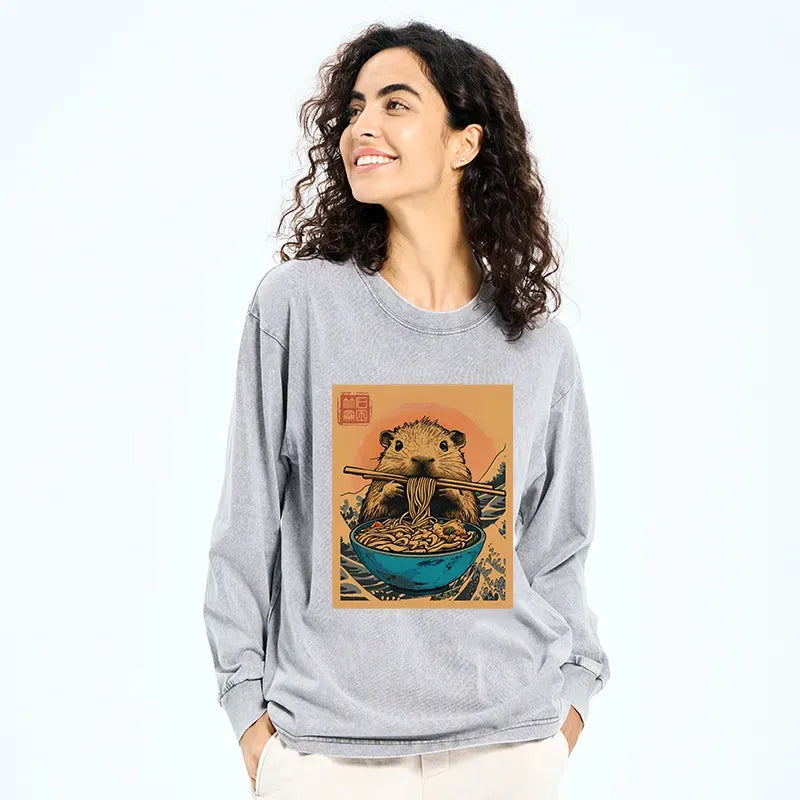 Kyoto-Lion Opossum Eats Ramen Washed Long Sleeve T-Shirt