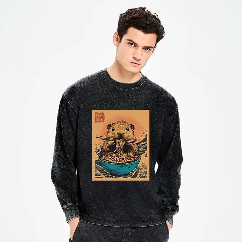 Kyoto-Lion Opossum Eats Ramen Washed Long Sleeve T-Shirt
