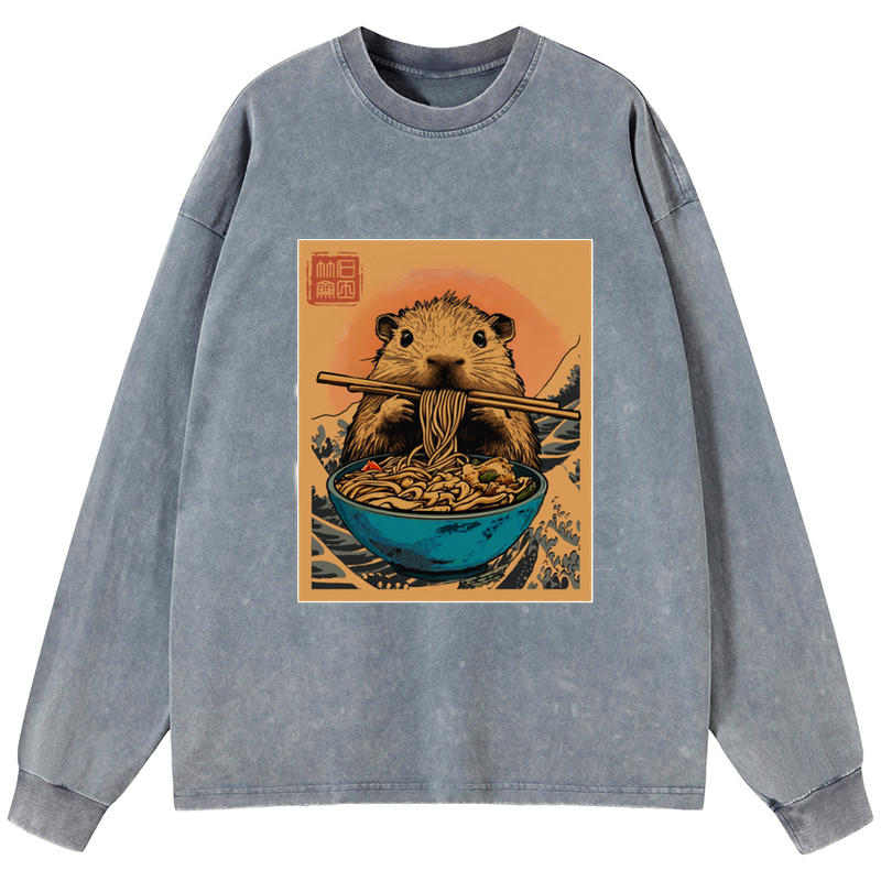 Kyoto-Lion Opossum Eats Ramen Washed Long Sleeve T-Shirt