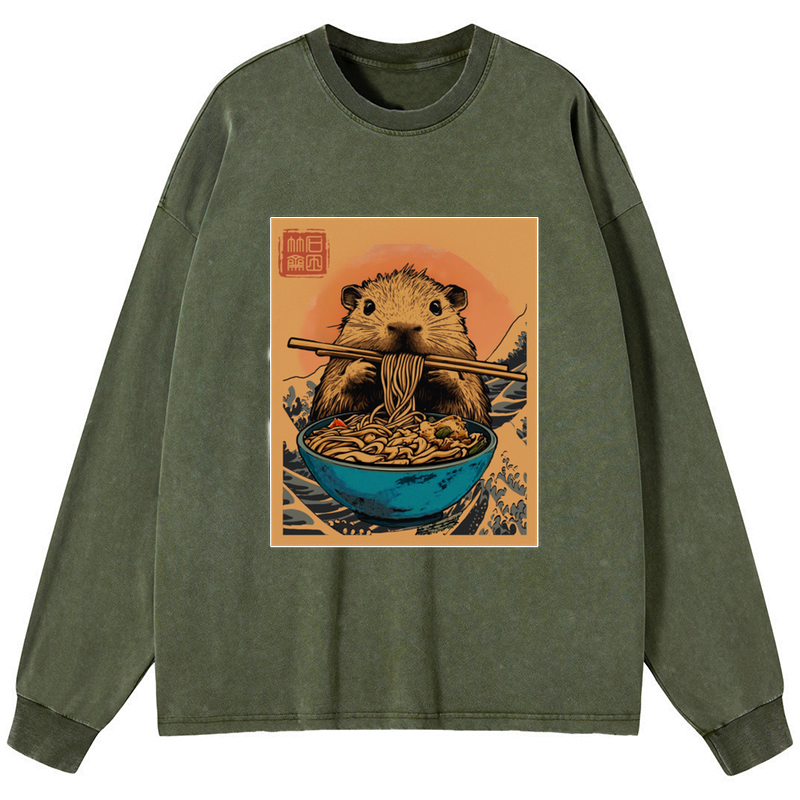 Kyoto-Lion Opossum Eats Ramen Washed Long Sleeve T-Shirt