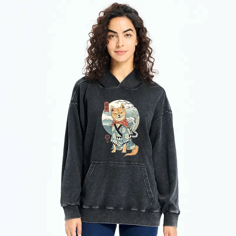Kyoto-Lion Samurai Shiba Dog Japanese Washed Hoodie