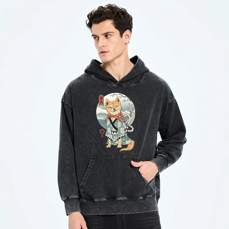 Japanese Samurai Shiba Dog Washed Hoodie
