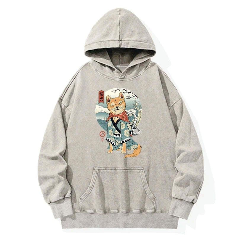 Japanese Samurai Shiba Dog Washed Hoodie