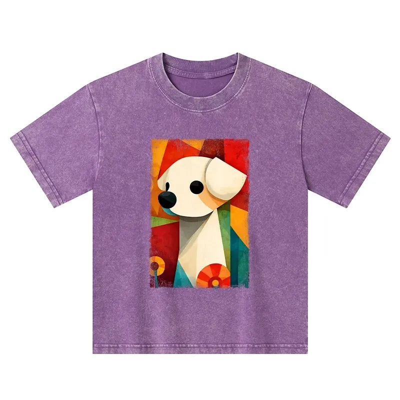 Kyoto-Lion Retro Abstract Color Block Puppy Art Kids Washed T-Shirt