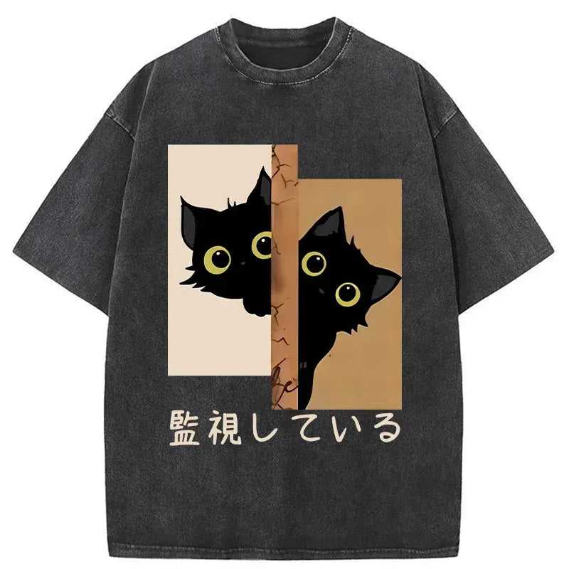 Kyoto-Lion Cats Secretly Watching Washed T-Shirt
