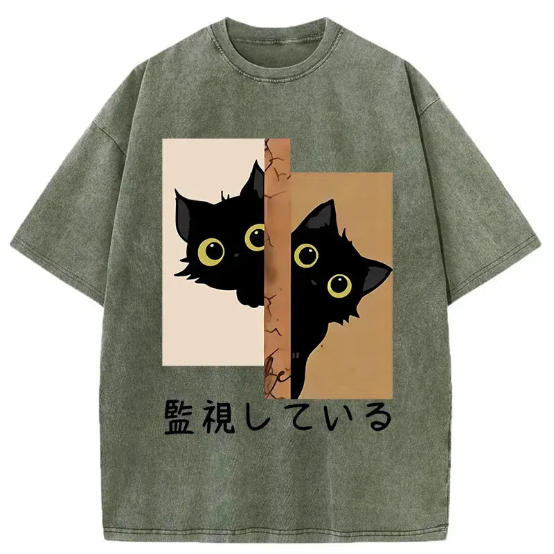 Kyoto-Lion Cats Secretly Watching Washed T-Shirt