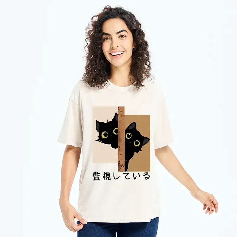 Kyoto-Lion Cats Secretly Watching Washed T-Shirt