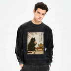 Kyoto-Lion Tea Time With A Black Cat Washed Long Sleeve T-Shirt