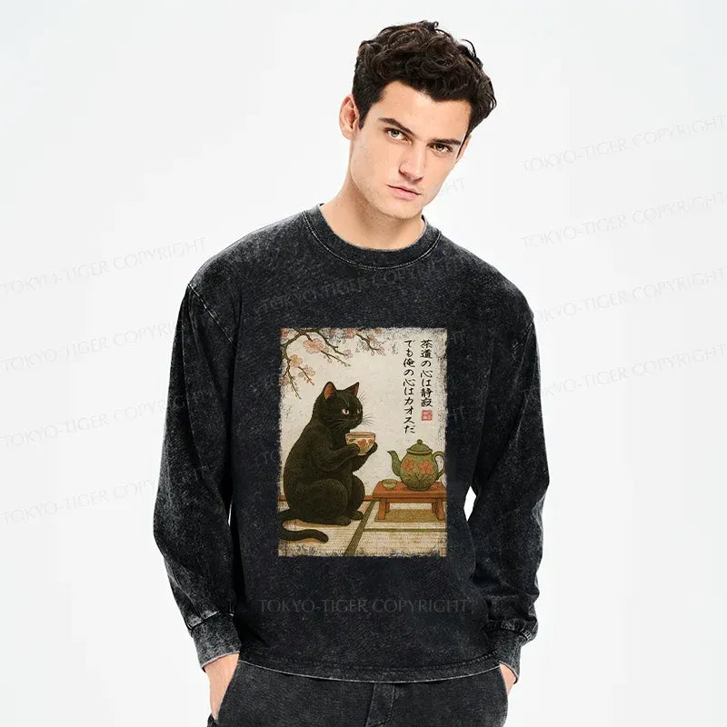 Kyoto-Lion Tea Time With A Black Cat Washed Long Sleeve T-Shirt
