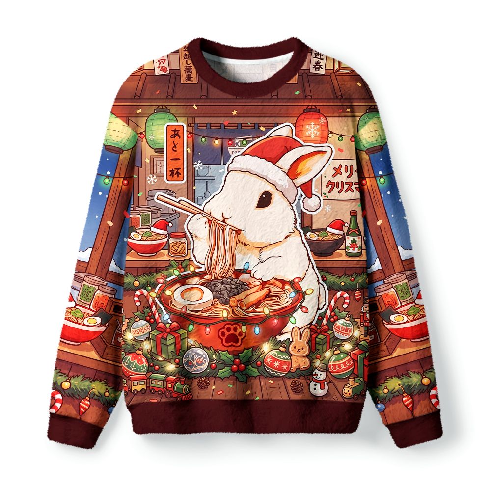 Kyoto-Lion Japanese Ramen Shop Santa Bunny Fuzzy Christmas Ugly Sweatshirt