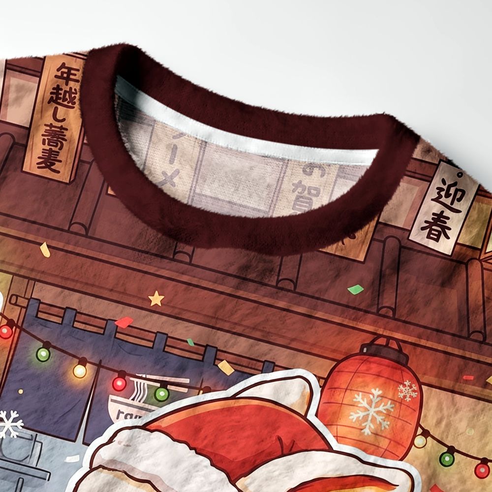 Kyoto-Lion Japanese Ramen Shop Santa Bunny Fuzzy Christmas Ugly Sweatshirt