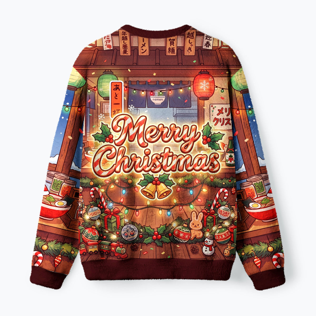 Kyoto-Lion Japanese Ramen Shop Santa Bunny Fuzzy Christmas Ugly Sweatshirt