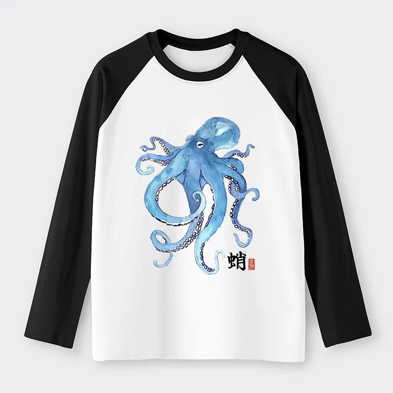 Kyoto-Lion Watercolor Blue Octopus Raglan Long Sleeve T-shirt