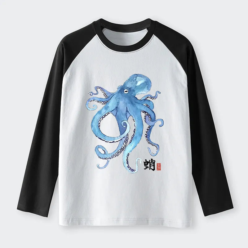 Kyoto-Lion Watercolor Blue Octopus Raglan Long Sleeve T-shirt