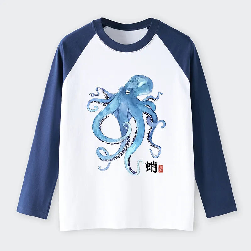 Kyoto-Lion Watercolor Blue Octopus Raglan Long Sleeve T-shirt