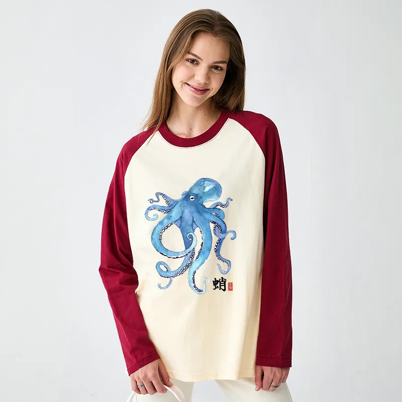 Kyoto-Lion Watercolor Blue Octopus Raglan Long Sleeve T-shirt