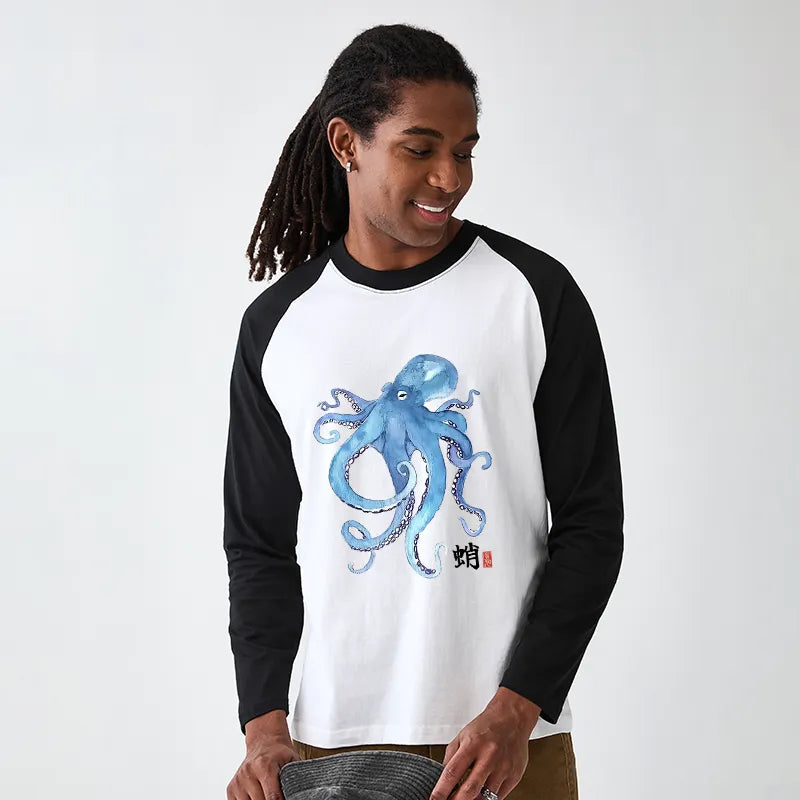 Kyoto-Lion Watercolor Blue Octopus Raglan Long Sleeve T-shirt