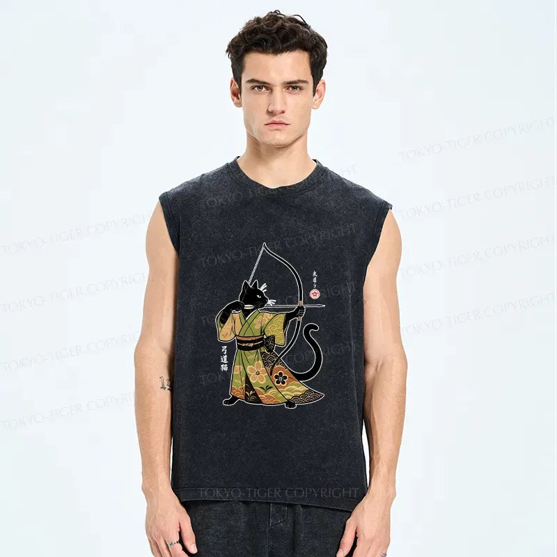 Japanese Cat Archery Washed Tank Top for Summer