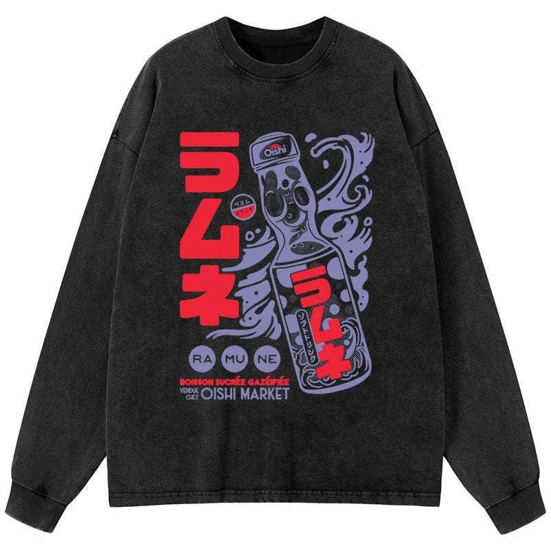 Japanese Ramune Print Washed Long Sleeve T-Shirt