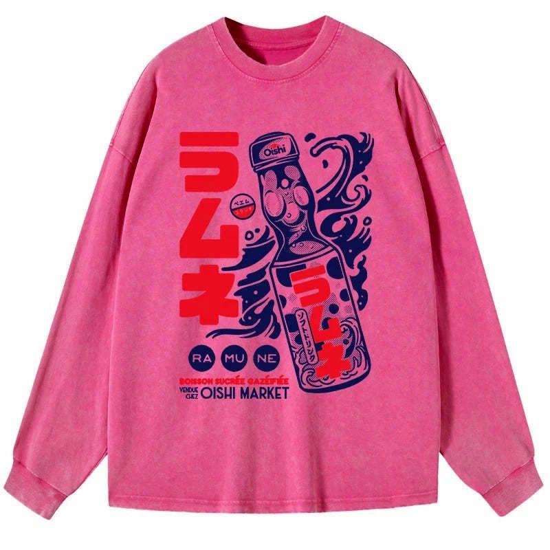 Japanese Ramune Print Washed Long Sleeve T-Shirt